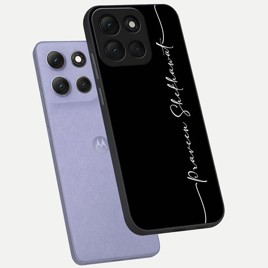 Black Tune Custom Name phone case For Moto G86 Power showing premium glass back cover with detailed artwork