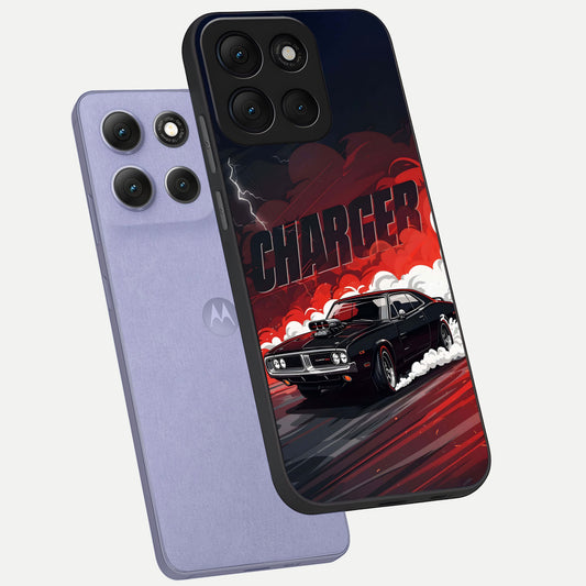 Dark Charger Fury phone case For Moto G86 Power showing premium glass back cover with detailed artwork