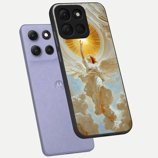 Divine Light Angel phone case For Moto G86 Power showing premium glass back cover with detailed artwork