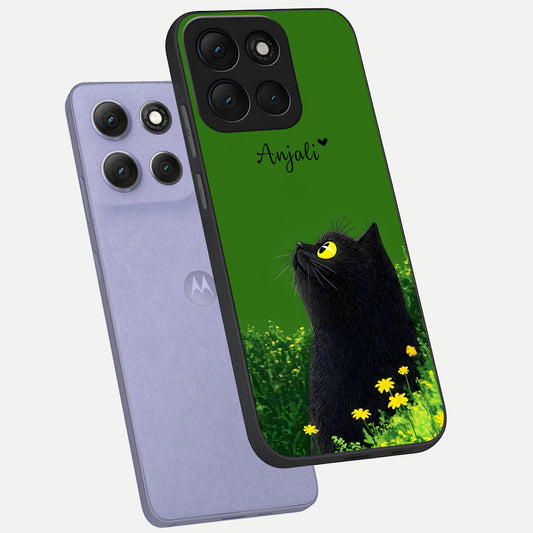 Emerald Cat Custom Name phone case For Moto G86 Power showing premium glass back cover with detailed artwork