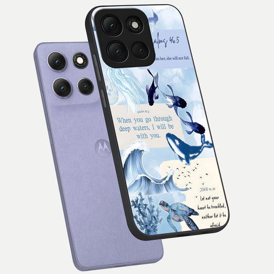 Faithful Ocean Promise phone case For Moto G86 Power showing premium glass back cover with detailed artwork