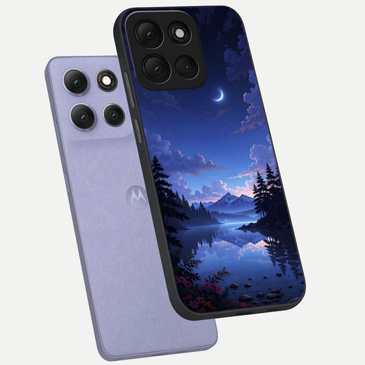 Midnight Lake Peace phone case For Moto G86 Power showing premium glass back cover with detailed artwork