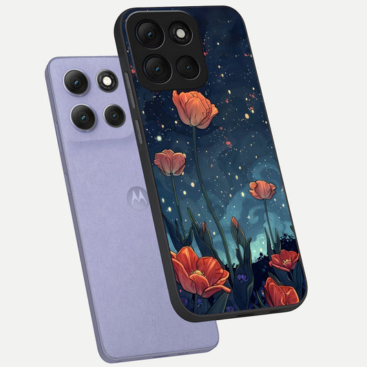 Midnight Tulip Glow phone case For Moto G86 Power showing premium glass back cover with detailed artwork