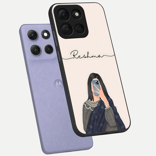Mirror Mood Muse With Custom Name phone case For Moto G86 Power showing premium glass back cover with detailed artwork