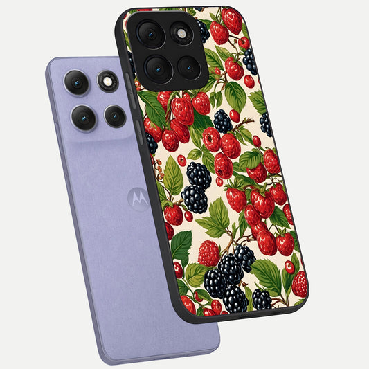 Mixed Berry Collage phone case For Moto G86 Power showing premium glass back cover with detailed artwork