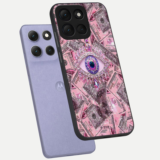 Money Eye Luxe phone case For Moto G86 Power showing premium glass back cover with detailed artwork