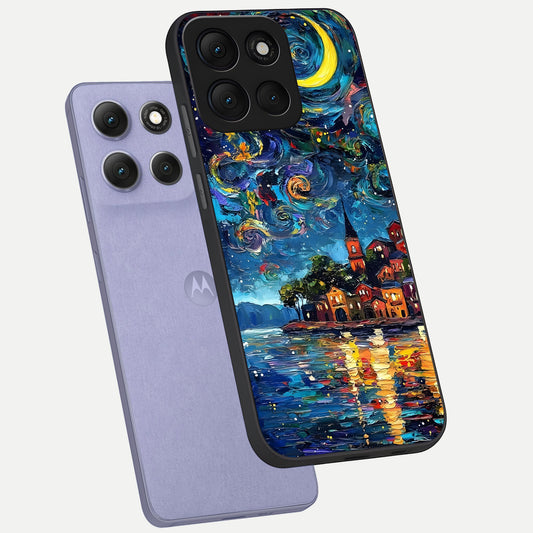 Moonlight Harbor Glow phone case For Moto G86 Power showing premium glass back cover with detailed artwork