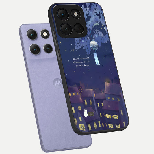Moonlit Cat Silence phone case For Moto G86 Power showing premium glass back cover with detailed artwork