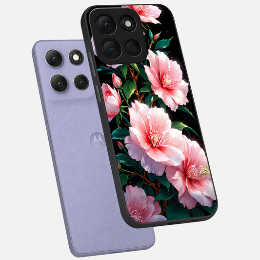 Peach Flower phone case For Moto G86 Power showing premium glass back cover with detailed artwork