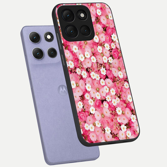 Pink Daisy Bliss phone case For Moto G86 Power showing premium glass back cover with detailed artwork