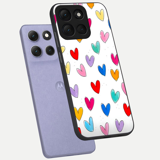 Playful Love Doodles phone case For Moto G86 Power showing premium glass back cover with detailed artwork