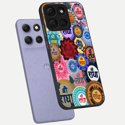 Radha Divine Bloom phone case For Moto G86 Power showing premium glass back cover with detailed artwork