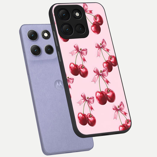 Red Cherries Pattern phone case For Moto G86 Power showing premium glass back cover with detailed artwork