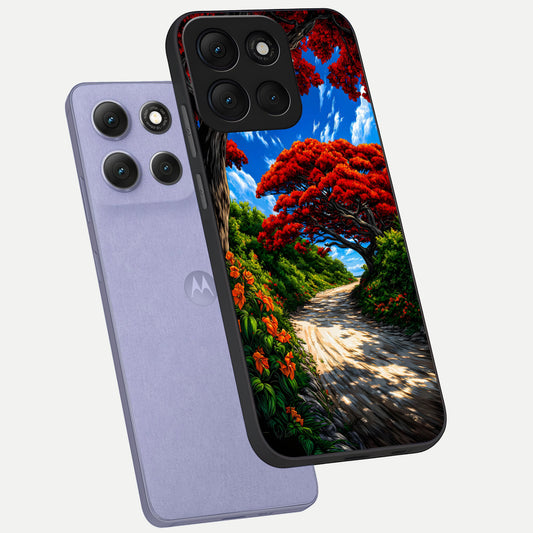 Red Trees Pathway phone case For Moto G86 Power showing premium glass back cover with detailed artwork