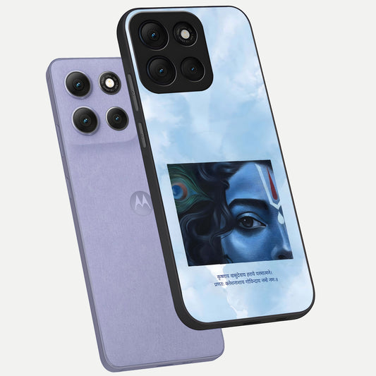 Spiritual Krishna phone case For Moto G86 Power showing premium glass back cover with detailed artwork