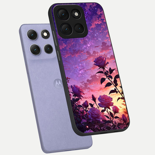 Starlit Rose Twilight phone case For Moto G86 Power showing premium glass back cover with detailed artwork