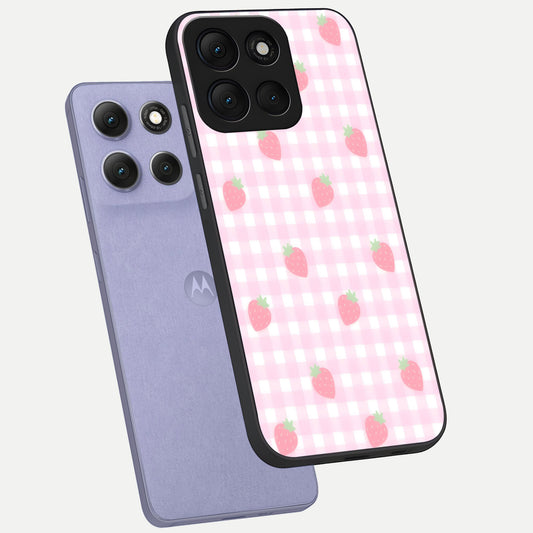 Strawberry Picnic Love phone case For Moto G86 Power showing premium glass back cover with detailed artwork