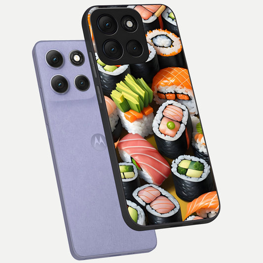 Sushi Food Pattern phone case For Moto G86 Power showing premium glass back cover with detailed artwork