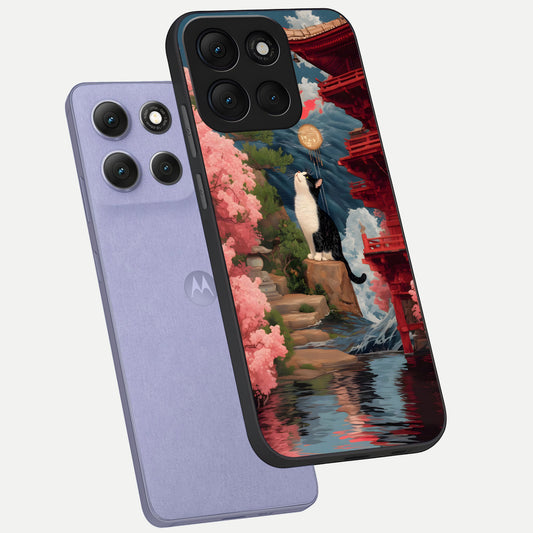 Temple Cat Scenery phone case For Moto G86 Power showing premium glass back cover with detailed artwork