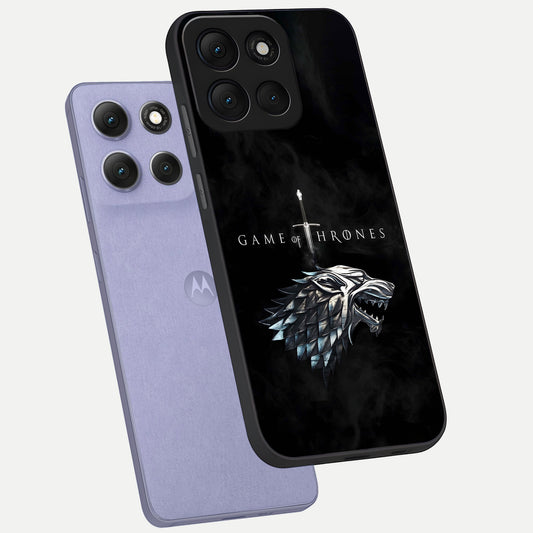 Throne Wolf Legacy phone case For Moto G86 Power showing premium glass back cover with detailed artwork