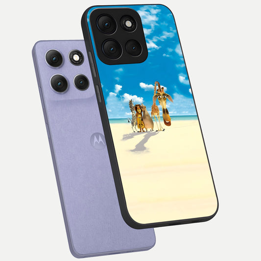 Tropical Fun Squad phone case For Moto G86 Power showing premium glass back cover with detailed artwork
