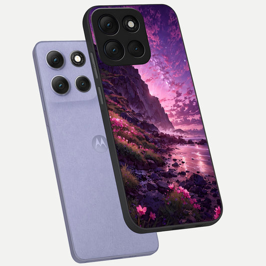 Twilight Blossom Coast phone case For Moto G86 Power showing premium glass back cover with detailed artwork