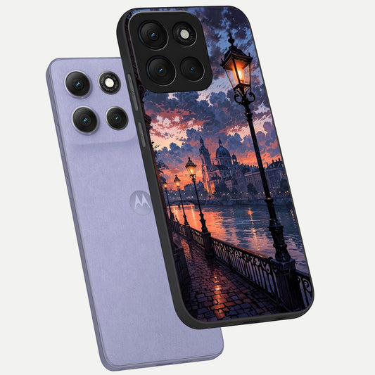 Twilight River Lights phone case For Moto G86 Power showing premium glass back cover with detailed artwork