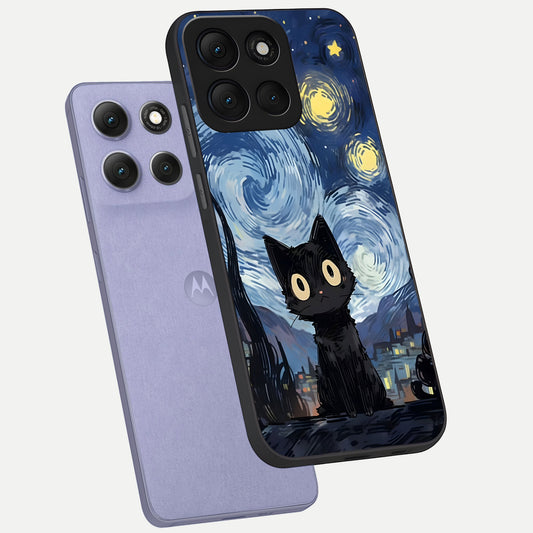 Van Gogh Cat phone case For Moto G86 Power showing premium glass back cover with detailed artwork