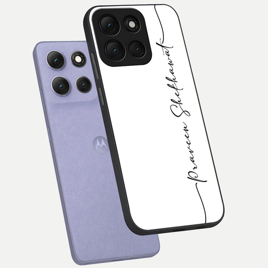White Tune Custom Name phone case For Moto G86 Power showing premium custom name glass back cover