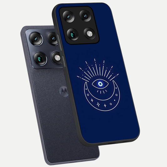 Blue Evil Eye phone case For Moto Signature showing premium glass back cover with detailed artwork