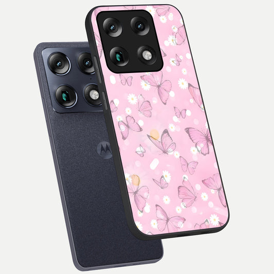 Blush Butterfly Garden phone case For Moto Signature showing premium glass back cover with detailed artwork