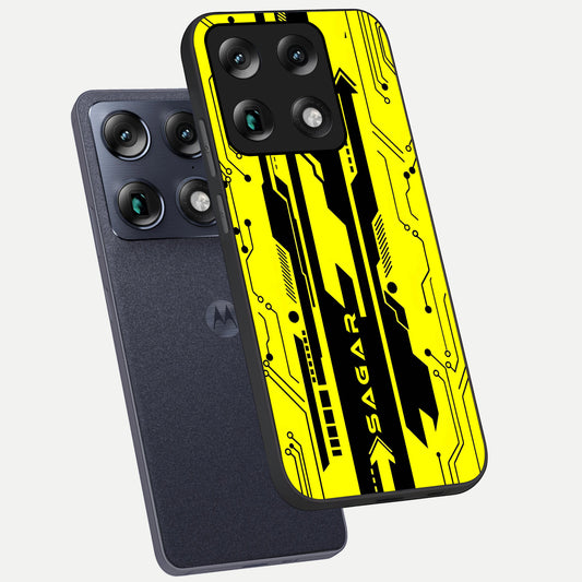 Electric Pulse CYBERPUNK Custom Name phone case For Moto Signature showing premium glass back cover with detailed artwork