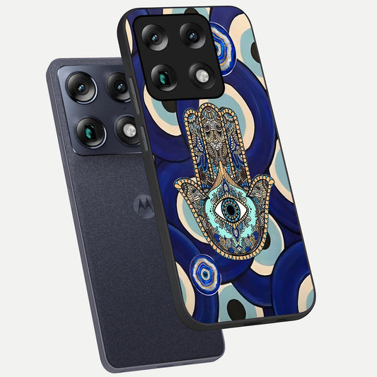 Hamsa Divine Guard phone case For Moto Signature showing premium glass back cover with detailed artwork