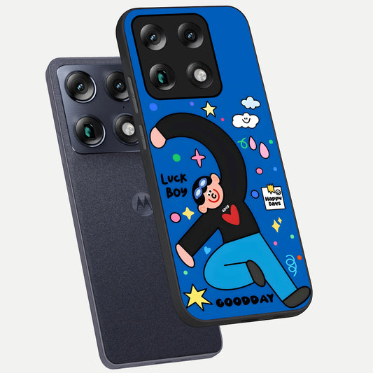 Happy Luck Vibe phone case For Moto Signature showing premium glass back cover with detailed artwork