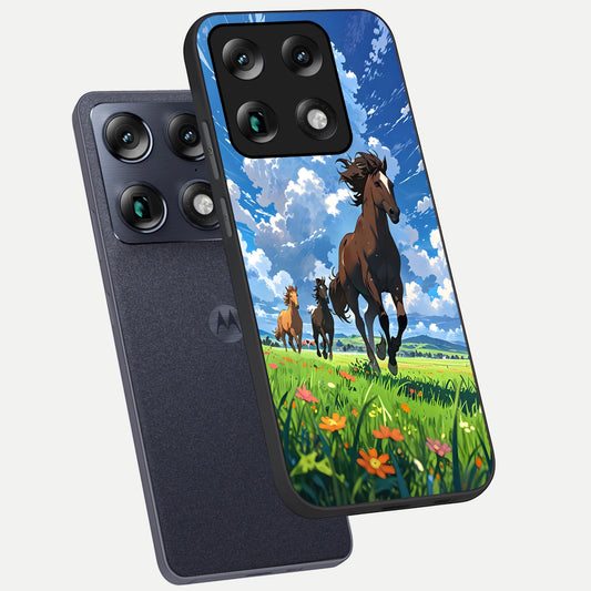 Majestic Horses Galloping phone case For Moto Signature showing premium glass back cover with detailed artwork