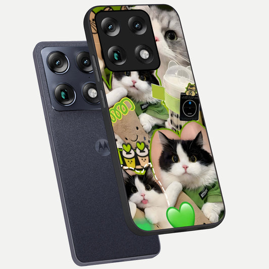 Matcha Cats Mood phone case For Moto Signature showing premium glass back cover with detailed artwork