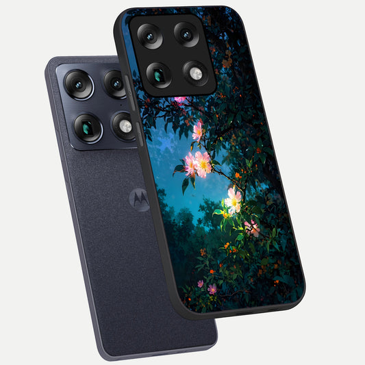 Midnight Bloom Glow phone case For Moto Signature showing premium glass back cover with detailed artwork
