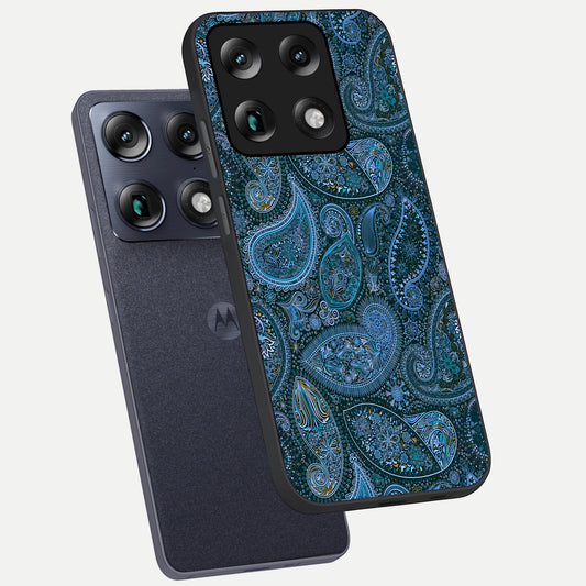 Midnight Paisley Glow phone case For Moto Signature showing premium glass back cover with detailed artwork