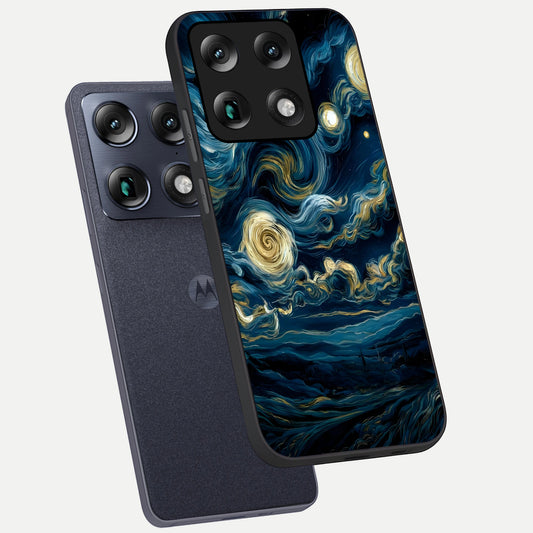 Midnight Sky Whirl phone case For Moto Signature showing premium glass back cover with detailed artwork