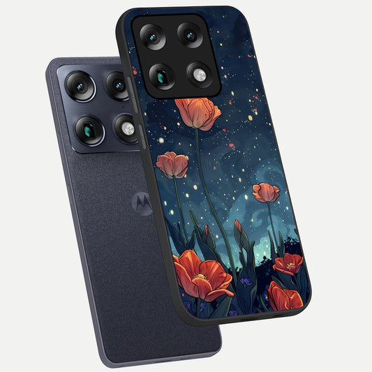 Midnight Tulip Glow phone case For Moto Signature showing premium glass back cover with detailed artwork