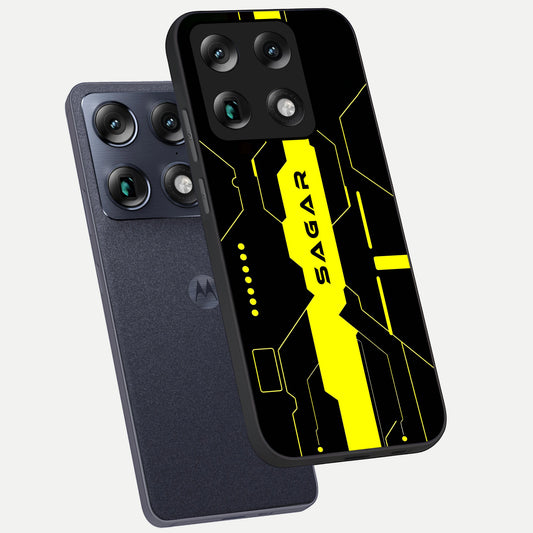 Neon CYBERPUNK Custom Name phone case For Moto Signature showing premium glass back cover with detailed artwork