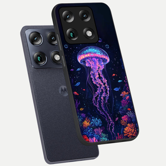 Neon Jellyfish phone case For Moto Signature showing premium glass back cover with detailed artwork