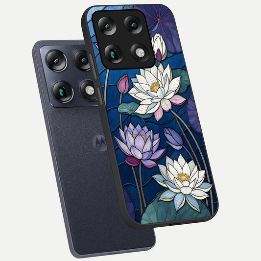 Purple Lotus Stained phone case For Moto Signature showing premium glass back cover with detailed artwork
