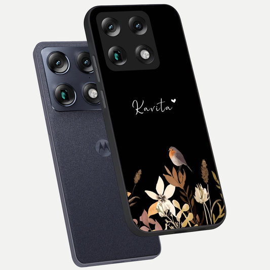 Quiet Garden Tune Custom Name phone case For Moto Signature showing premium glass back cover with detailed artwork
