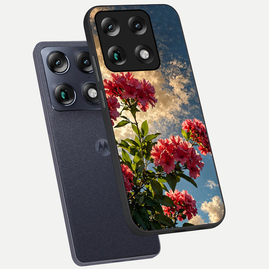Red Bloom Skies phone case For Moto Signature showing premium glass back cover with detailed artwork