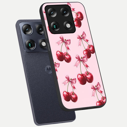 Red Cherries Pattern phone case For Moto Signature showing premium glass back cover with detailed artwork