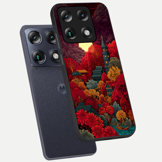 Scarlet Autumn Temple phone case For Moto Signature showing premium glass back cover with detailed artwork