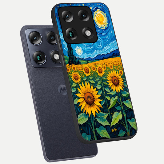 Starry Sunflower Dreams phone case For Moto Signature showing premium glass back cover with detailed artwork