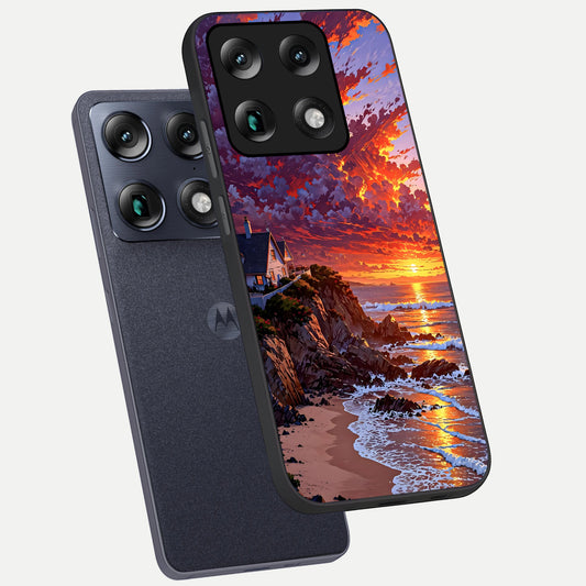 Sunset House By Sea phone case For Moto Signature showing premium glass back cover with detailed artwork