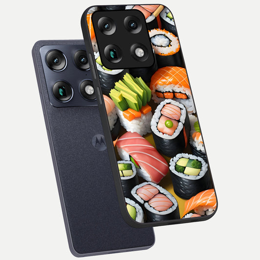 Sushi Food Pattern phone case For Moto Signature showing premium glass back cover with detailed artwork